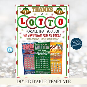 Titolare della carta regalo della lotteria di Natale stampabile, Grazie a Lotto, Personale insegnante di lavoro, Coach Nanny Babysitter, Apprezzamento delle vacanze, EDITABLE