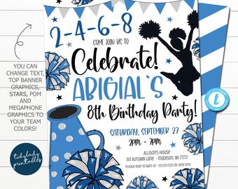 May include: A blue and white cheerleading themed birthday party invitation for an 8th birthday. The invitation features a cheerleader silhouette, pom-poms, a megaphone, and stars. The text on the invitation reads "Come join us to celebrate! Abigial's 8th Birthday Party!"  Saturday, September 27, 2PM - 7PM, Allison's House, 1111 Autumn Lane - Madison, WI 77777. Please RSVP to Mary at 555-555-5555 by 10th June.