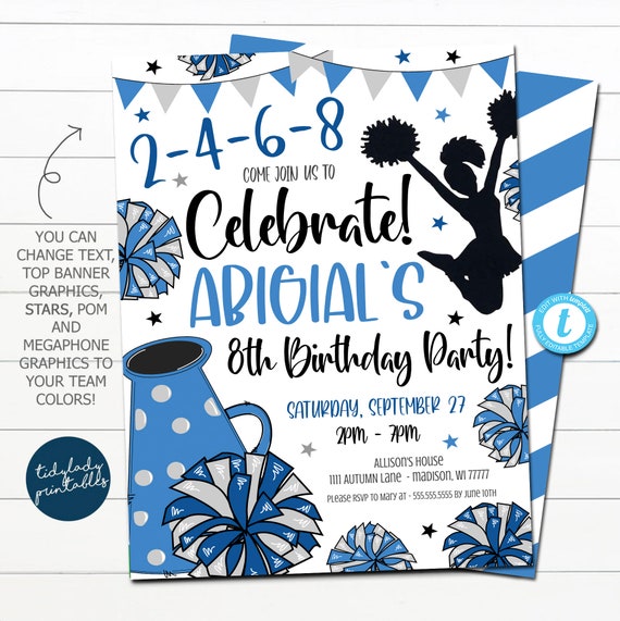 Girl Cheerleader Invite, Cheer Birthday Invitation, Editable Cheerleader tailgate game time, Girl Sibling Birthday Poms Cheer Team, EDITABLE Il_570xn