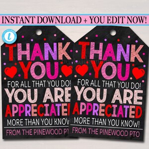 Valentine&#39;s Day Thank You Gift Tags, Teacher Staff Employee Nurse Volunteer Staff Appreciation Week, School pto pta, Editable Template