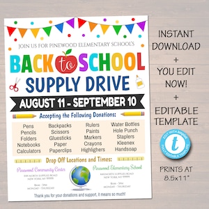 School Supply Drive Flyer Back to School Supply Drive PTO PTA School Fundraiser Back to School Invite Template Printable Download Editable