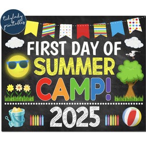 Letrero para primer día de campamento de verano, imprimible, descarga instantánea, accesorio para fotos, letrero para primer día de campamento infantil, letrero para campamento de verano, descarga instantánea