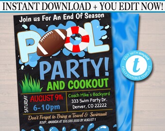 May include: Editable pool party invitation template with a chalkboard background featuring a football, a life preserver, and the text "Pool Party! And Cookout". The invitation includes the date, time, and location of the party. The text "Don't Forget to Bring a Towel & Swimsuit" is also included.