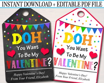 Può includere: Due etichette regalo stampabili per San Valentino con sfondo a lavagna e bianco. Le etichette presentano pois colorati, bandiere arcobaleno e cuori. Il testo sulle etichette dice "DOH You Want To Be My VALENTINE? Happy Valentine's Day! From Your Friend, Elizabeth".