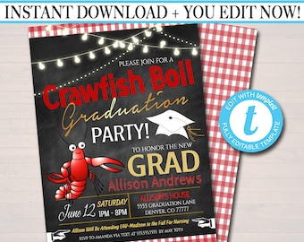 EDITABLE Graduation Crawfish Boil Invitation, Picnic Seafood Homard Shrimp Boil, BBQ Backyard Party High School College Graduation Invite