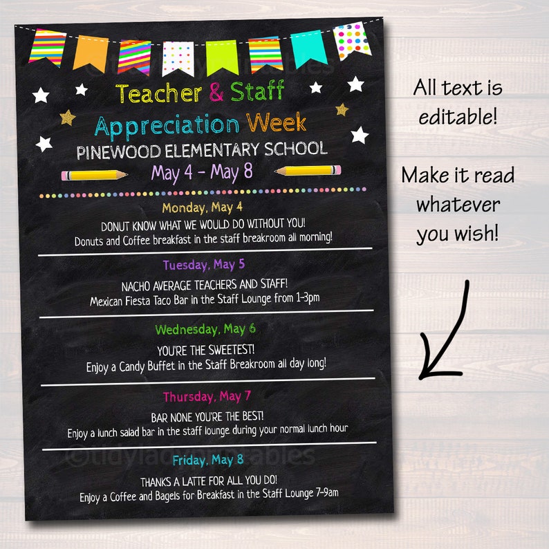 EDITABLE Teacher Appreciation Week Itinerary Poster Digital Etsy