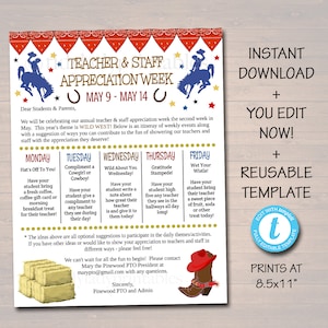 Editable Western Theme Teacher Appreciation Staff Invitation Newsletter, Printable Appreciation Week Events Take Home Flyer INSTANT DOWNLOAD