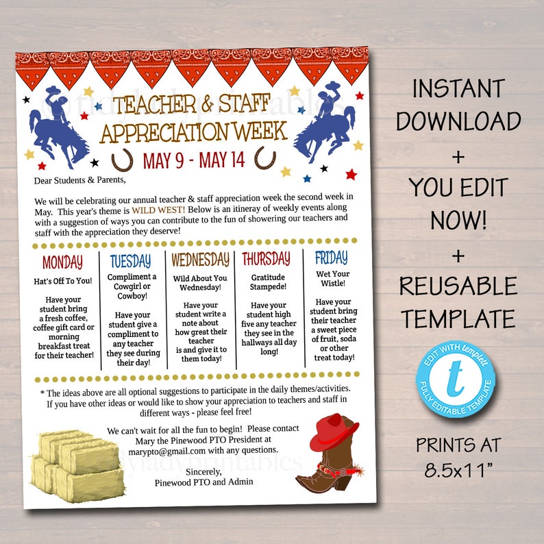 Editable Western Theme Teacher Appreciation Staff Invitation Newsletter, Printable Appreciation Week Events Take Home Flyer INSTANT DOWNLOAD image 1