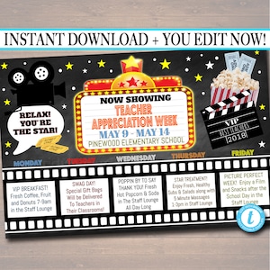 EDITABLE Teacher Appreciation Week Itinerary Poster, Digital File, Cinema Movie Star Themed Week School Events, INSTANT DOWNLOAD Printables
