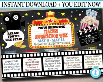 EDITABLE Teacher Appreciation Week Itinerary Poster, Digital File, Cinema Movie Star Themed Week School Events, INSTANT DOWNLOAD Printables