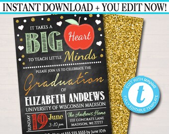 Teacher Graduation Invitation: Chalkboard Apple Design (Editable Template)