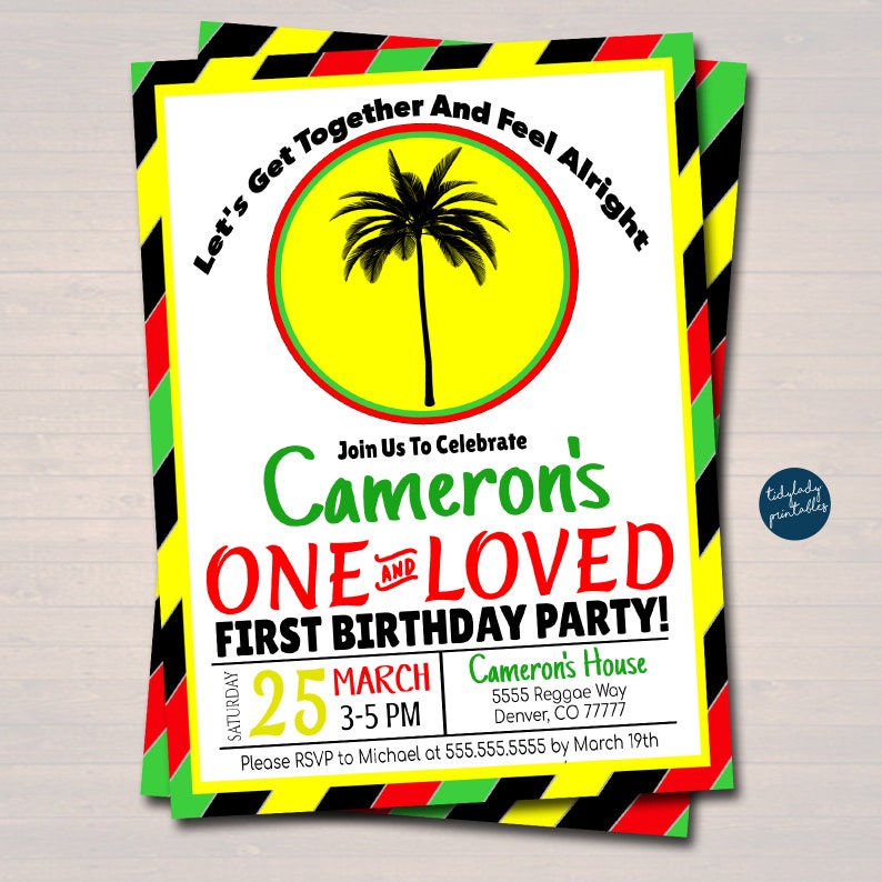 EDITABLE One Love First Birthday Party Invitation, Jamaica Reggae Theme Theme, One Year, Let's Get Together & Feel Alright, INSTANT DOWNLOAD image 2