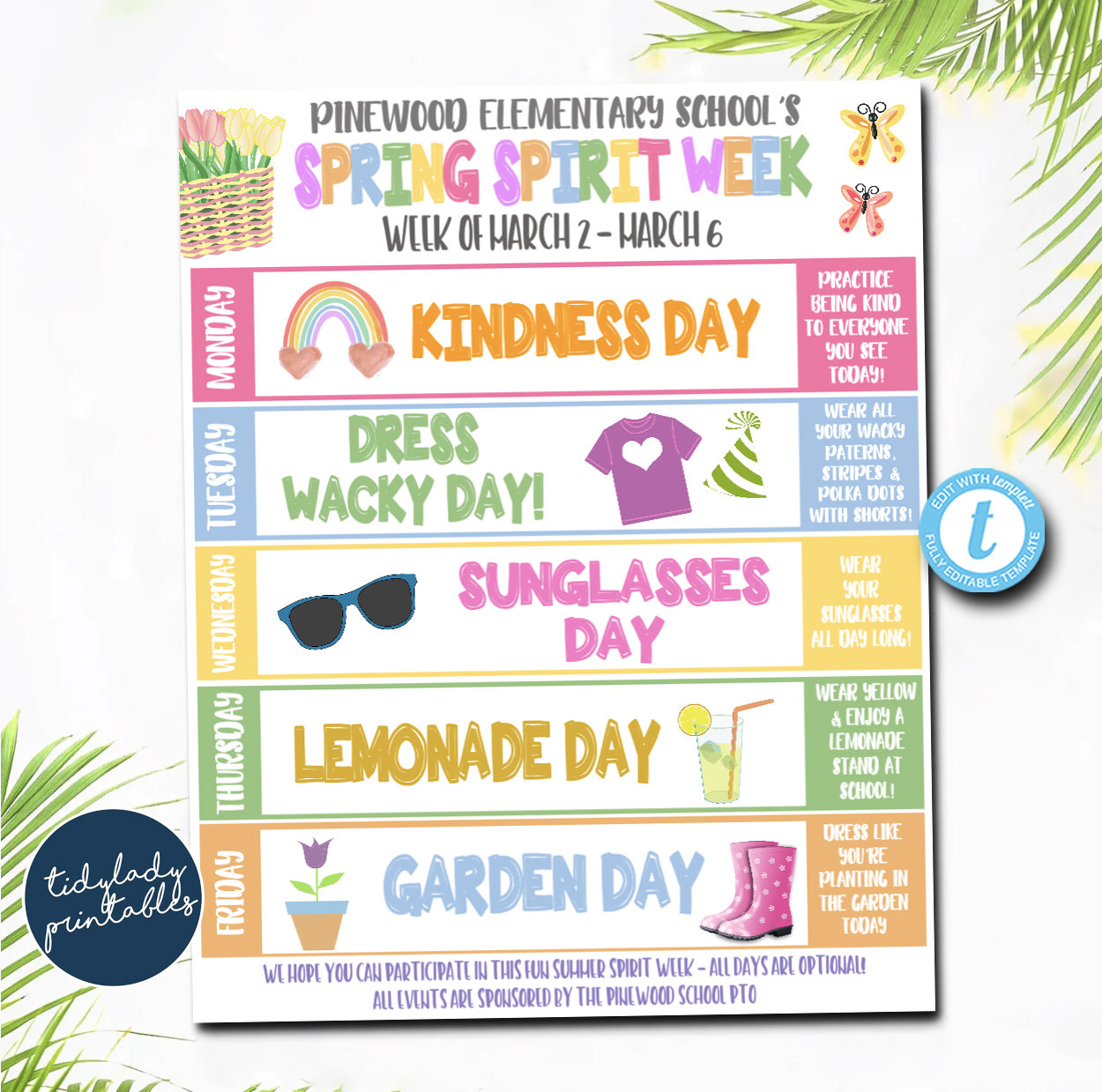 Spring Insight Weeks Spring Spirit Week Itinerary: Elementary School Planner (editable ...