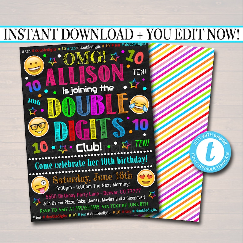EDITABLE Double Digits Club Party Birthday Invitation INSTANT DOWNLOAD Birthday Digital Sleepover 10th Birthday Emoji Girl Tween Invite