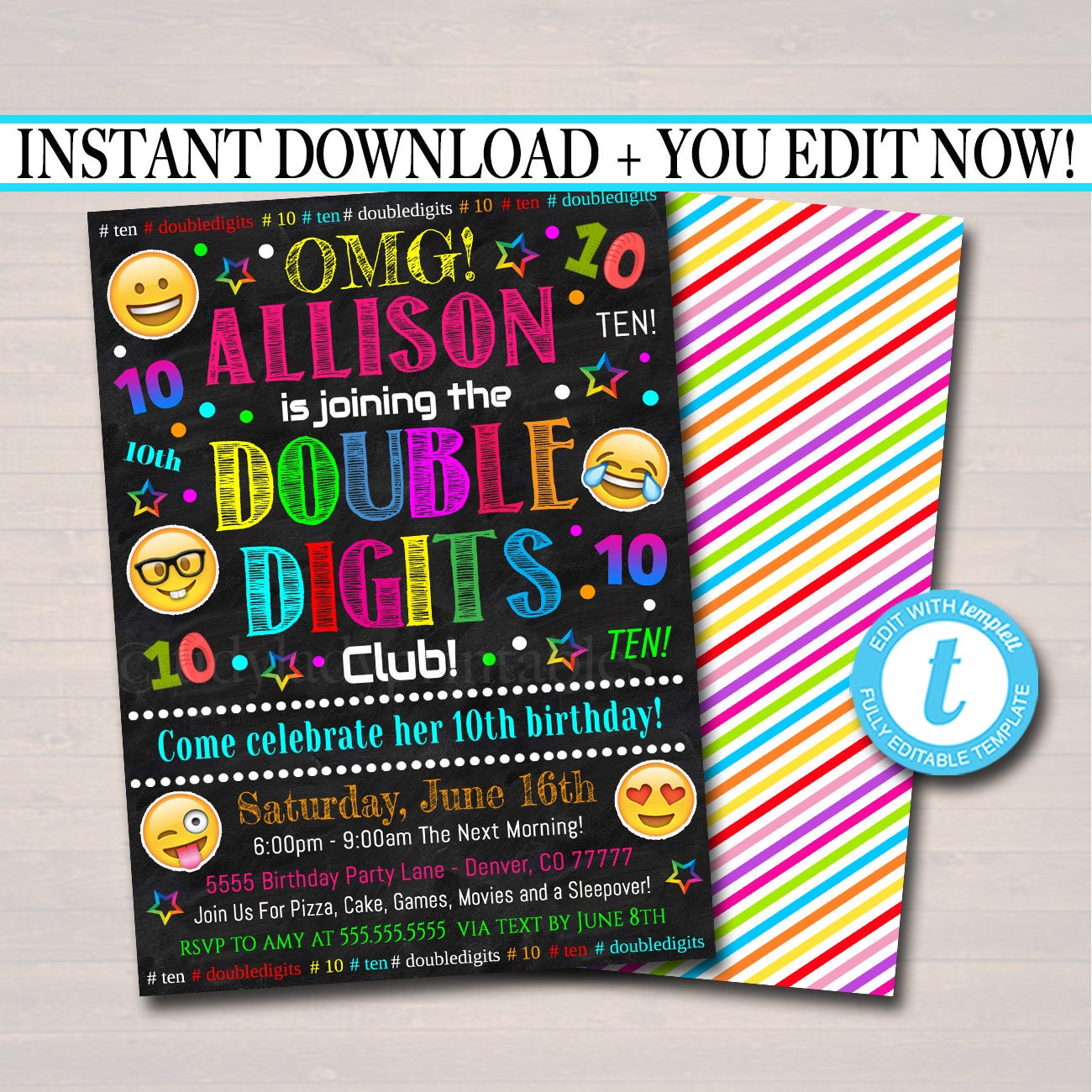 EDITABLE Double Digits Club Party Birthday Invitation 10th Etsy