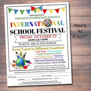 May include: A colorful flyer for Pinewood Elementary School's International School Festival on Friday, October 29th from 1:00 PM to 7:00 PM. The flyer features a globe with flags, a school building, and children. Tickets are $5 per person. The event will be held at the Pinewood School Gymnasium, 1111 Diversity Avenue, Denver, CO 55555.