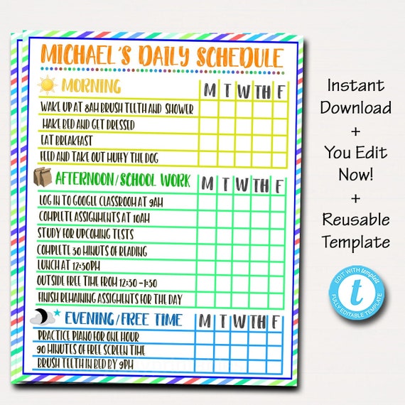 home school schedule daily weekly subject checklist homework organizer kids student calendar planner printable editable template by tidylady printables catch my party