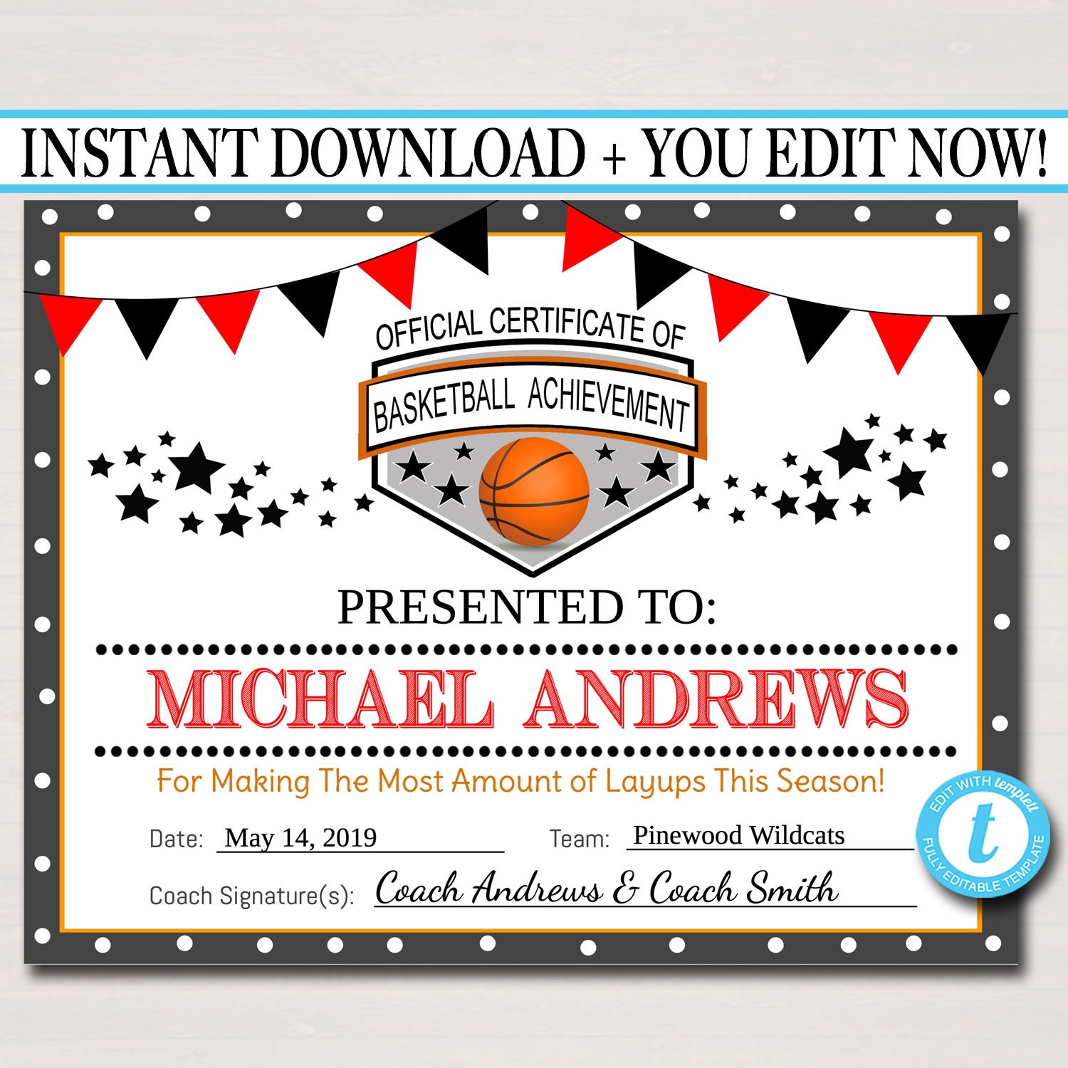 picture regarding Printable Basketball Certificates known as EDITABLE Basketball Certificates, Instantaneous Down load Basketball Workers Awards, Basketball Occasion Printable, Printable Sports activities Certification Awards