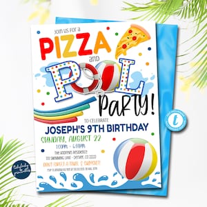 Pizza en zwembad uitnodiging voor feest, einde van schoolfeest, afdrukbare uitnodiging terug naar school, zomer Kids jongens zwembad verjaardag, BEWERKBARE SJABLOON