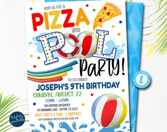 Pizza and Pool Party Invitation, End of School Party, Printable Invite Back to School, Summer Kids Boys Pool Birthday, EDITABLE TEMPLATE