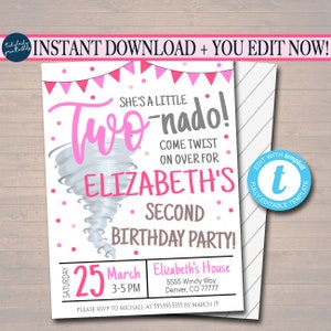 Tornado Birthday Party Invitation, Storm Chaser Second Birthday Two-nado Kids Party, Girls Twister Birthday Invite, DIY EDITABLE Template image 1