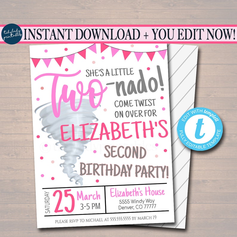 Tornado Birthday Party Invitation, Storm Chaser Second Birthday Two-nado Kids Party, Girls Twister Birthday Invite, DIY EDITABLE Template image 1