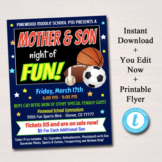 EDITABLE Mother Son School Dance Set, Dance Flyer Party Sports Night Invitation, Fundraiser Church Community Event pto pta, INSTANT DOWNLOAD Il_570xn