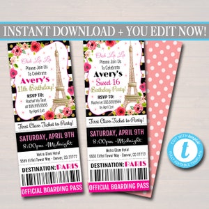 EDITIERBARE Paris Ticket Party Einladung, Geburtstagsparty, Mädchen Sweet 16 Sixteen, druckbare digitale Vorlage einladen, Oh La La, INSTANT DOWNLOAD