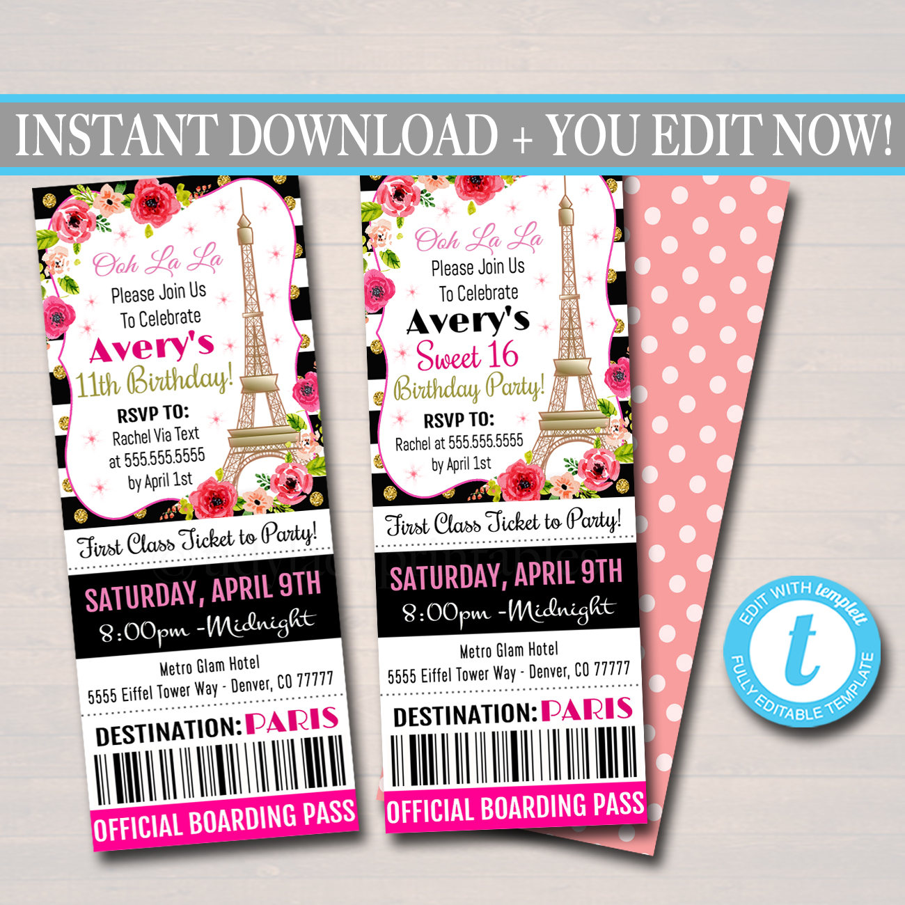 EDITABLE Paris Ticket Party Invitation Birthday Party Girl | Etsy