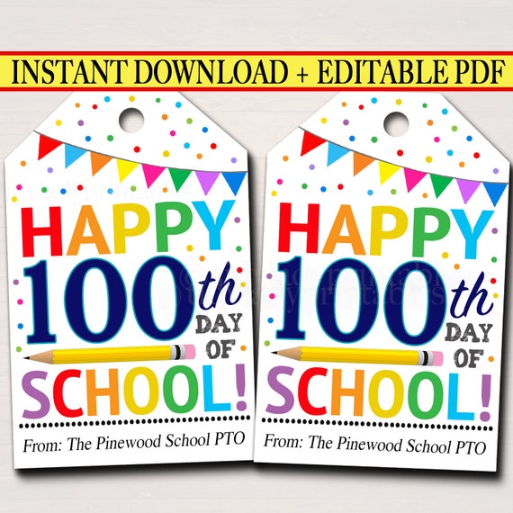 Happy 100th Day of School Gift Tags, School pto pta, Printable Party Favor Tags, 100 Days Smarter Kids Teacher Classroom, INSTANT DOWNLOAD Il_570xn