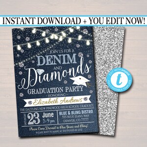 EDITABLE Denim and Diamonds Graduation Party Invitation, High School College Girl Graduate Digital Invite, Country Party, INSTANT DOWNLOAD