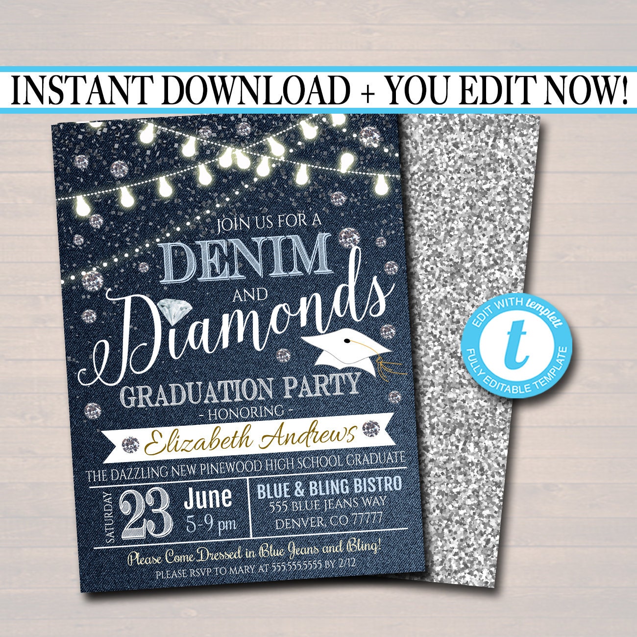 EDITABLE Denim and Diamonds Graduation Party Invitation High School College Girl Graduate Digital Invite Country Party