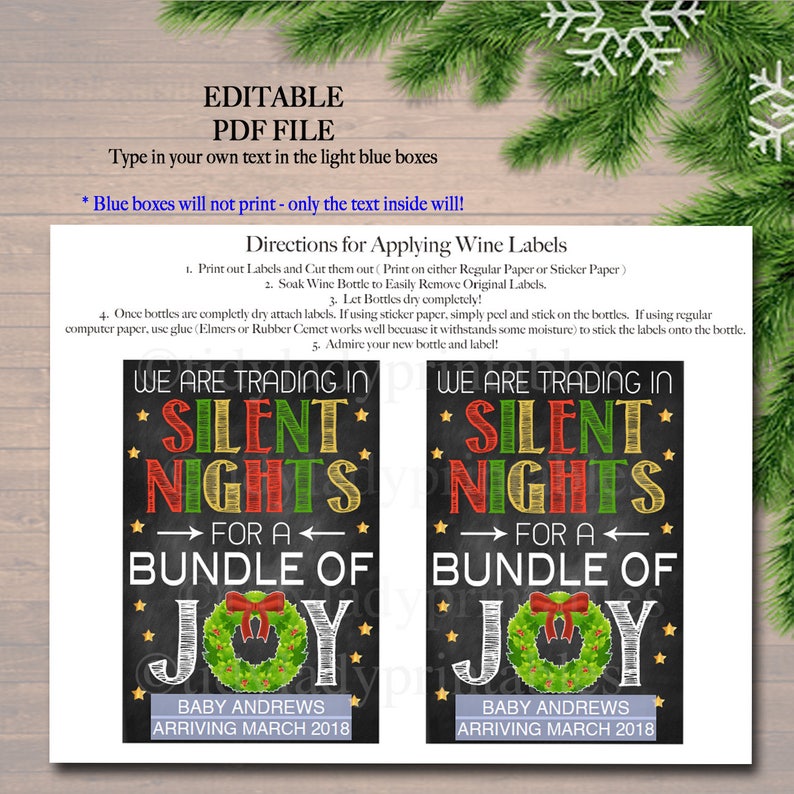 INSTANT DOWNLOAD Editable Christmas Pregnancy Announcement Wine Label Printable Wine Label Holiday Trading Silent Nights For Bundle of Joy