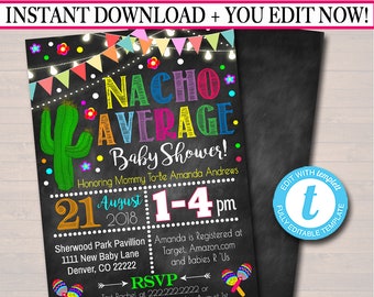 Può includere: Un invito a una festa di baby shower in stile lavagna colorata con il testo "Nacho Average Baby Shower!"  In onore della futura mamma Amanda Andrews. La data è il 21 agosto 2018, dalle 13:00 alle 16:00. La location è Sherwood Park Pavilion, 1111 New Baby Lane, Denver, CO 22222. Le informazioni RSVP sono incluse.
