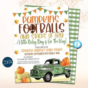 Fall Baby Shower Invitation, Pumpkin, Little Green Truck, Football, Pumpkin Patch, Boy Autumn Farm Tailgate Baby Sprinkle, EDITABLE TEMPLATE