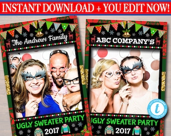 Ugly Sweater Christmas Photo Booth Prop: Editable Holiday Party Decor (Digital Download)