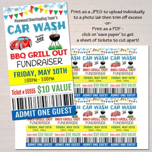 May include: A flyer and tickets for a car wash and BBQ grill out fundraiser. The flyer has text that reads "CAR WASH AND BBQ GRILL OUT FUNDRAISER" with a red car and a grill graphic. Tickets read "ADMIT ONE GUEST".