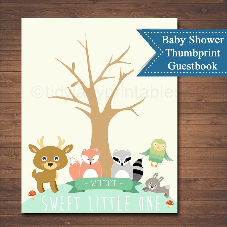 Forest Animals Woodland Baby Shower Thumbprint Tree, INSTANT DOWNLOAD, Printable Baby Shower Guestbook, Forest Friends Themed Baby Shower image 1