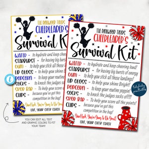 EDITABLE Cheerleader Survival Kit Printable, Cheer Team Gift, Team Kids School Sports, Cheerleader Snack Treat Tags, Team Gift Idea TEMPLATE