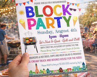 Editable Block Party Invite and Flyer: BBQ Picnic, Summer Celebration HOA neighborhood grill and chill meet and greet (Digital Download)