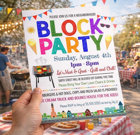 Editable Block Party Invite and Flyer: BBQ Picnic, Summer Celebration HOA neighborhood grill and chill meet and greet (Digital Download)