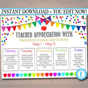 EDITABLE Teacher Appreciation Week Itinerary Poster, Digital File, Appreciation Week Schedule Events, INSTANT DOWNLOAD Fundraiser Printables