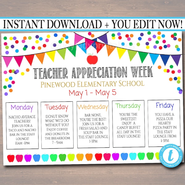 EDITABLE Teacher Appreciation Week Itinerary Poster, Digital File, Appreciation Week Schedule Events, INSTANT DOWNLOAD Fundraiser Printables