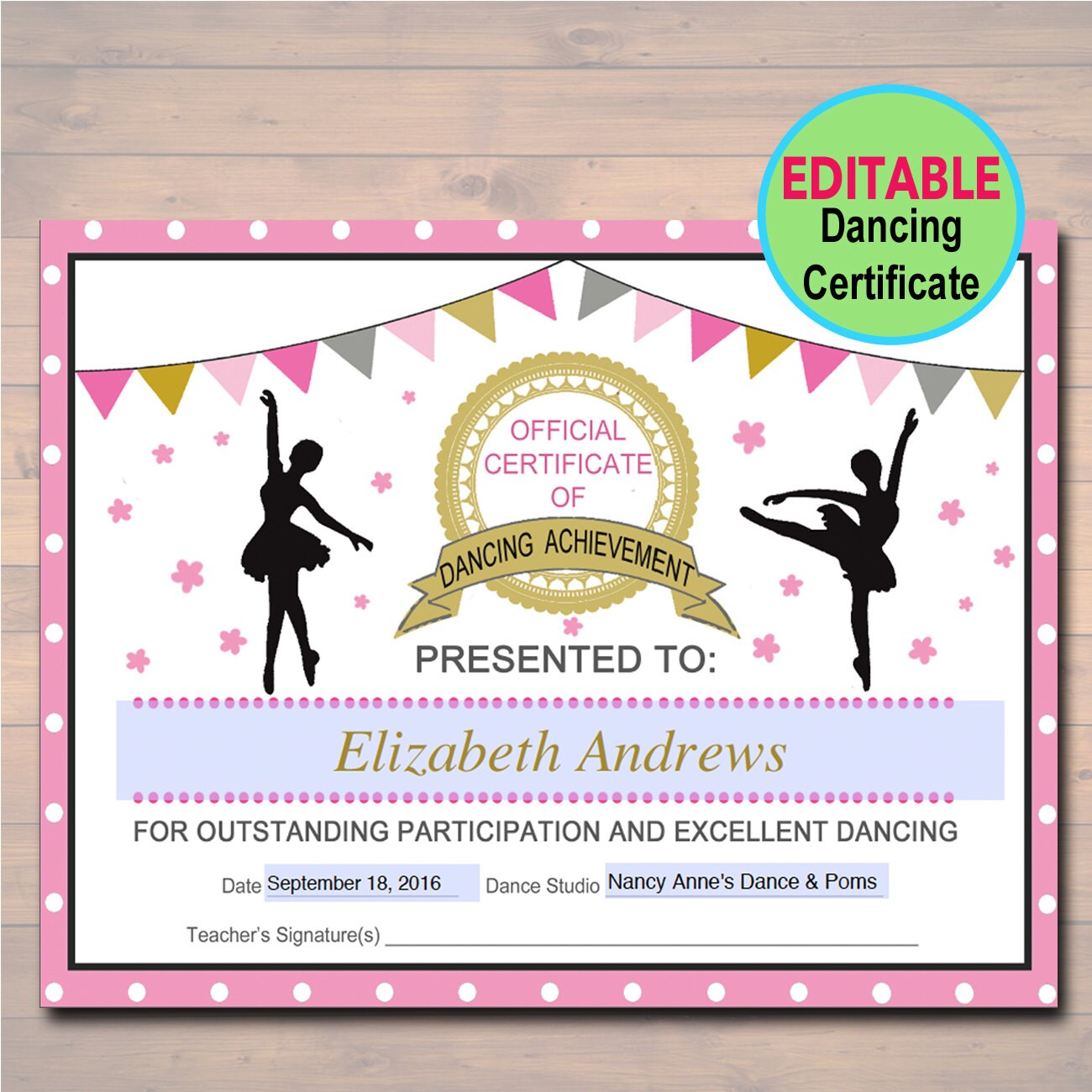 EDITABLE Dancer Certificate INSTANT DOWNLOAD Dancing Award Etsy