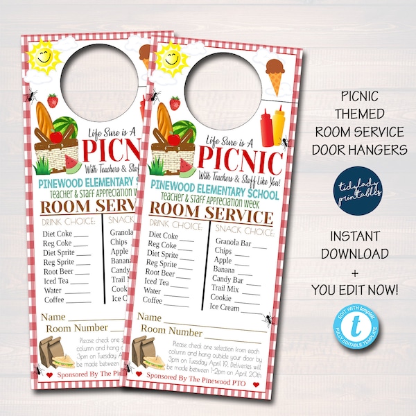 Editable Picnic Themed Room Service Door Hanger, Picnic Party Teacher and Staff Appreciation Idea, BBQ, School Pto Pta, INSTANT DOWNLOAD