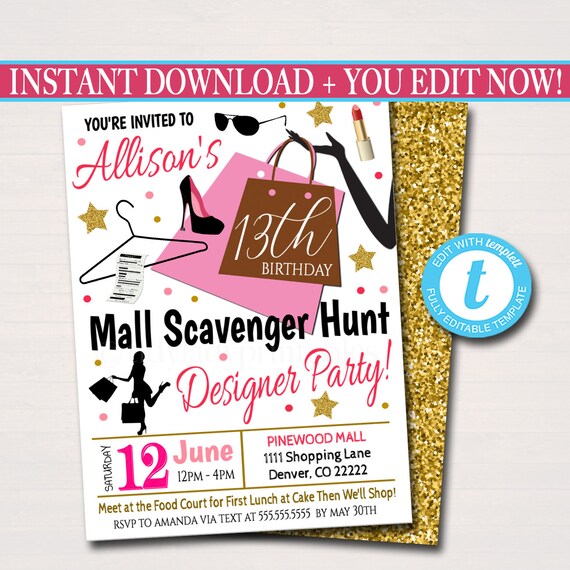 EDITABLE Mall Scavenger Hunt Party, Tween Teen Birthday Party ...