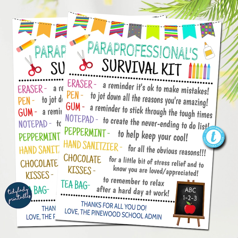 Editable Paraprofessional Survival Kit Printable: School Staff Gift (Template) image 1