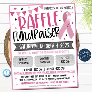 May include: Pink and white raffle fundraiser flyer with text: "RAFFLE Fundraiser" and "Saturday, October 4 2023." Prizes include cash amounts. Sponsored by Pinewood School PTO. Includes a pink ribbon graphic.