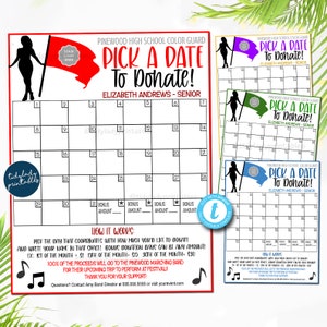May include: A printable calendar with a color guard theme. The calendar is designed to help raise funds for a marching band. The calendar has a space for each day of the month and a bonus amount for each day. The text on the calendar says "Pick a Date to Donate!" and "Elizabeth Andrews - Senior".