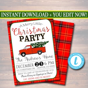 Red Truck Christmas Party Invitation: Retro Plaid Flannel (EDITABLE)